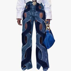 Hollow Out Cable Twist Heart Contrast Cutout Flare Jeans Pants